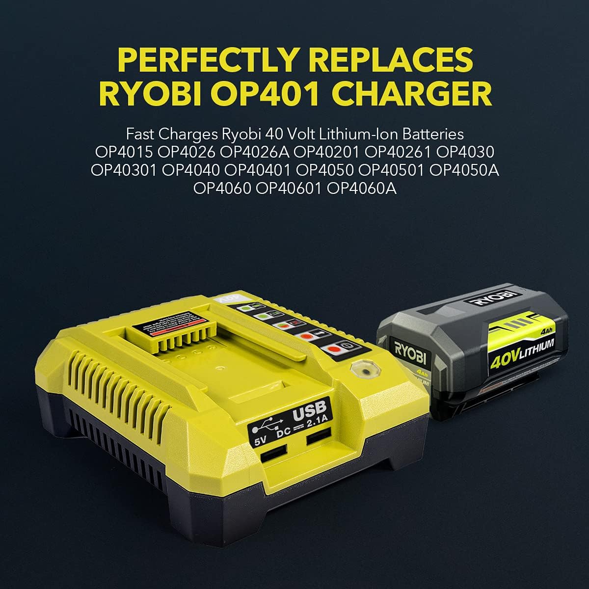 OP401 40V Battery Charger with Dual USB Ports for Ryobi 40 Volt Lithium Ion Batteries OP4015 OP4026 OP4026A OP4030 OP4040 OP4050 OP4050A OP4060 OP40261 OP40301 OP40401 OP40501 OP40601