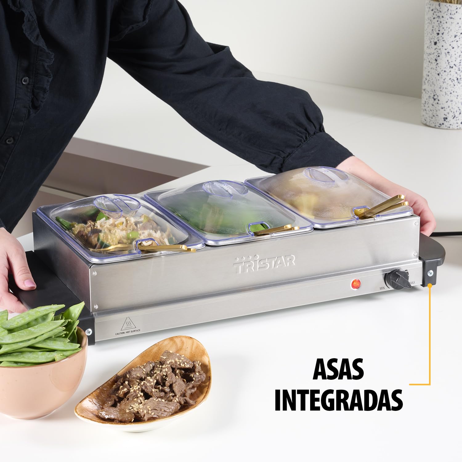 Tristar Calientaplatos Buffet de Acero Inoxidable para Fiestas y Buffets, 4,2 L, Termostato Ajustable, 3 Recipientes Calientaplatos, Función de Placa Calefactora, 200 W, Plateado, BP-6283