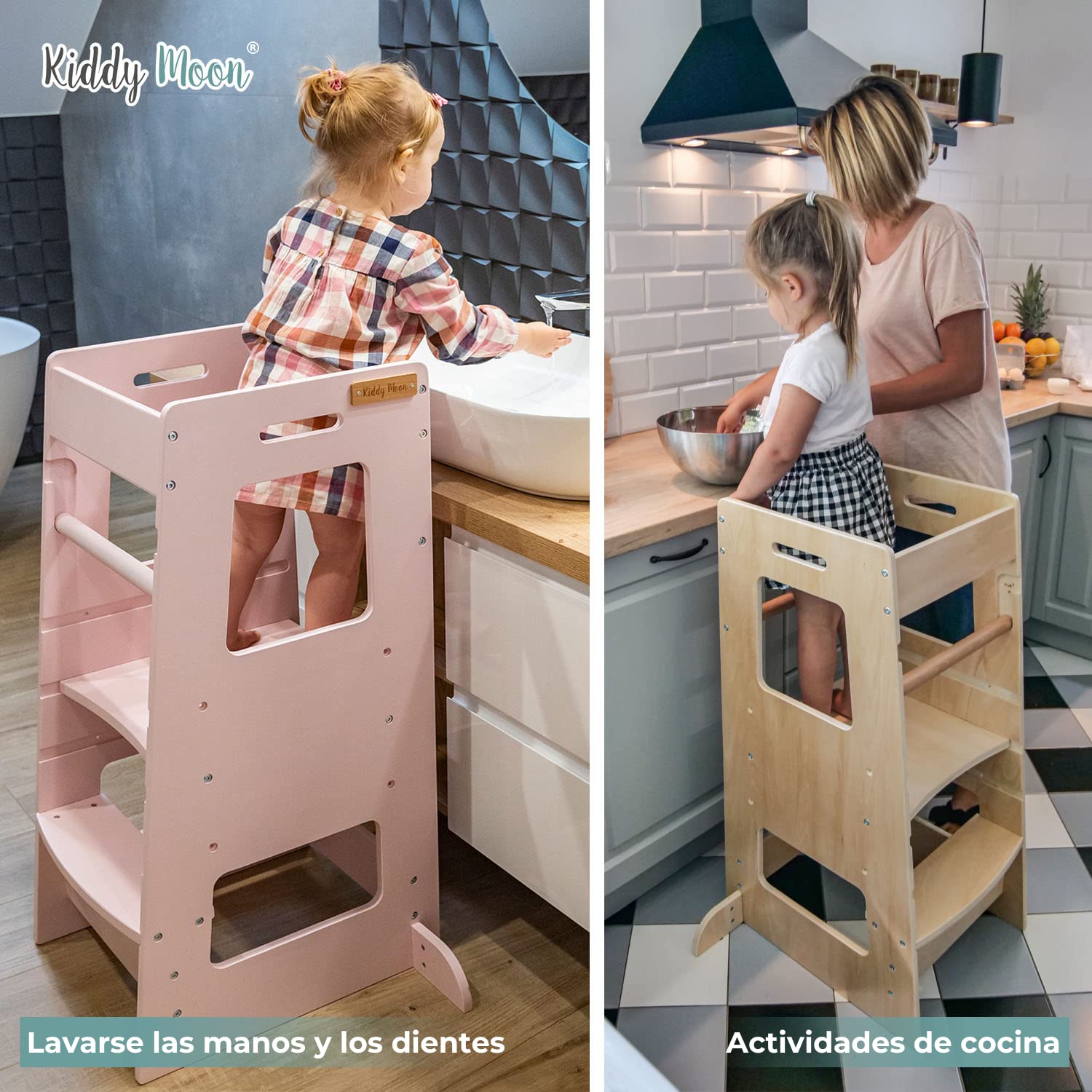 KiddyMoon Torre De Aprendizaje Montessori para Niños, Altura Ajustable (3 Niveles), Antivuelco, Barra De Seguridad, Natural