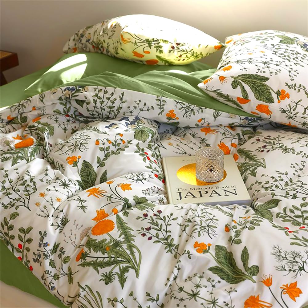 Juego de ropa de cama de algodón 135 x 200 cm, diseño de flores pequeñas y estampado botánico, funda nórdica estética con cremallera y funda de almohada de 80 x 80 cm