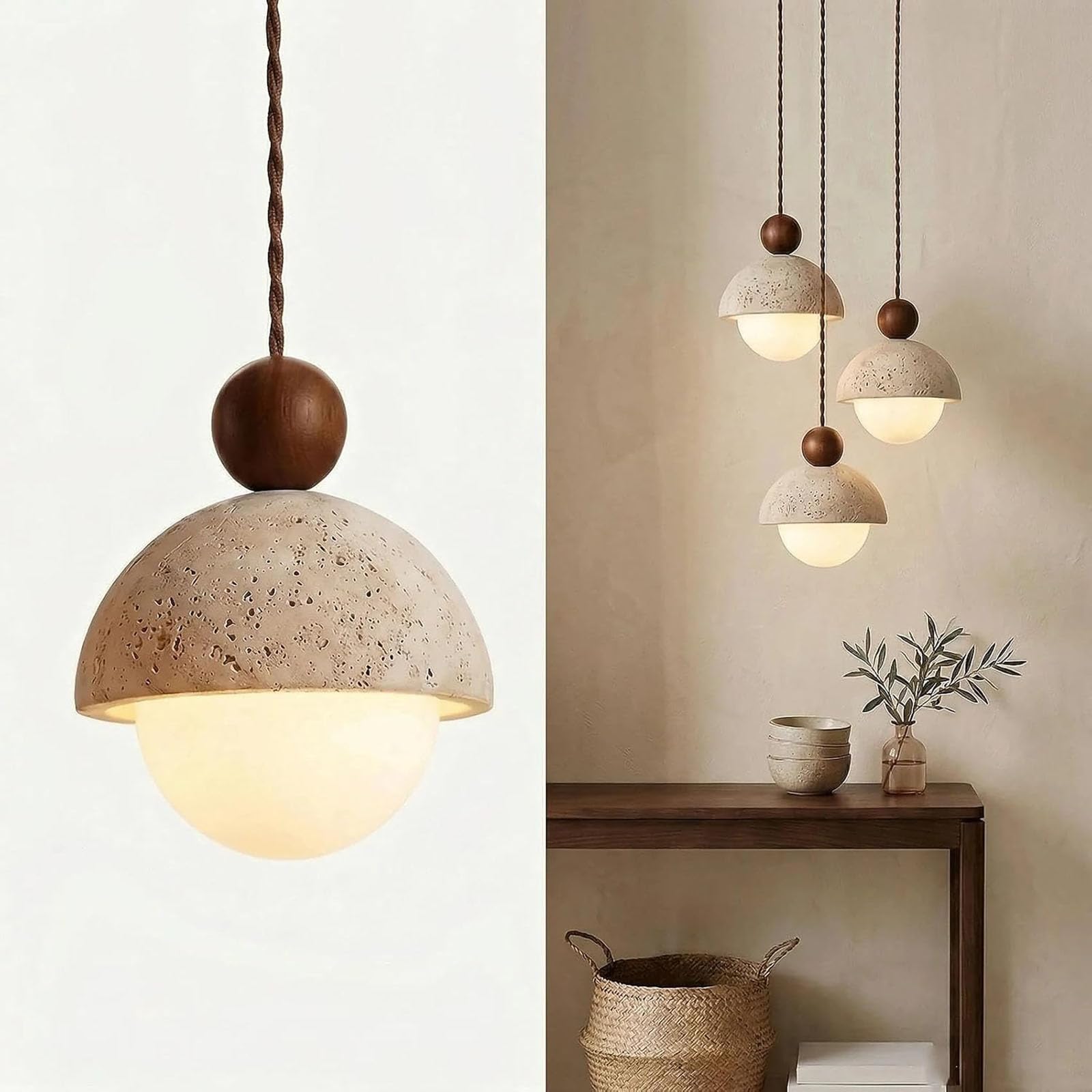 Chandelier Ceiling Light, Pendant Lights Kitchen Island, Stone Chandelier in Yellow Travertine, Japanese Natural Stone Pendant Lamp with Wood Accent for Dining Room Bedroom(1 Item Raw Wood,15 * 17cm)