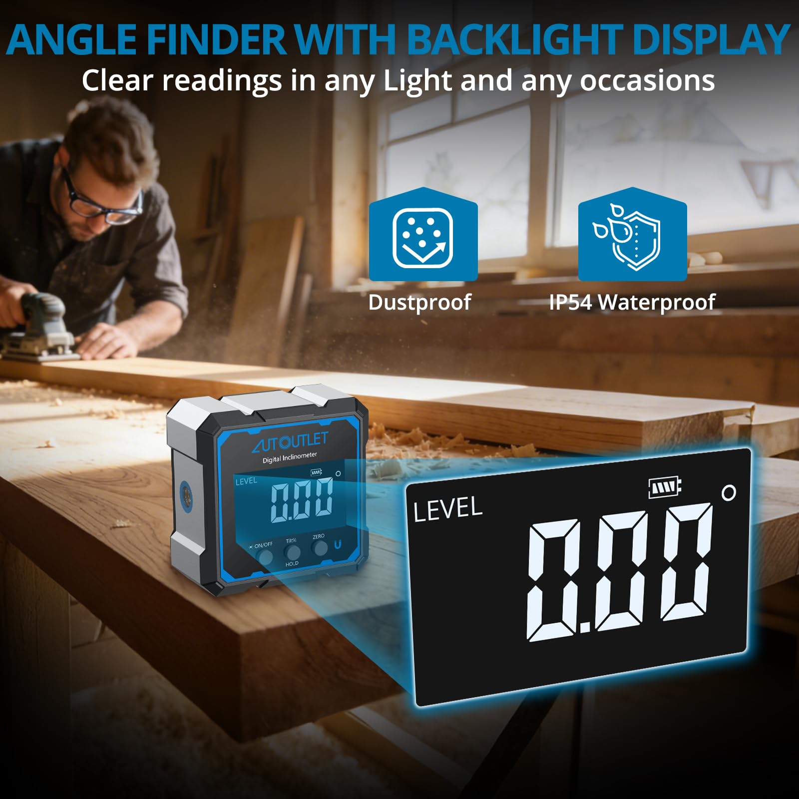 AUTOUTLET Inclinómetro Digital con laser 4x4 Buscador de Ángulos 4 * 90 ° Indicador de Bisel, Inclinómetro con Luz de Fondo Magnética, IP54 Impermeable Caja de Nivel Digital
