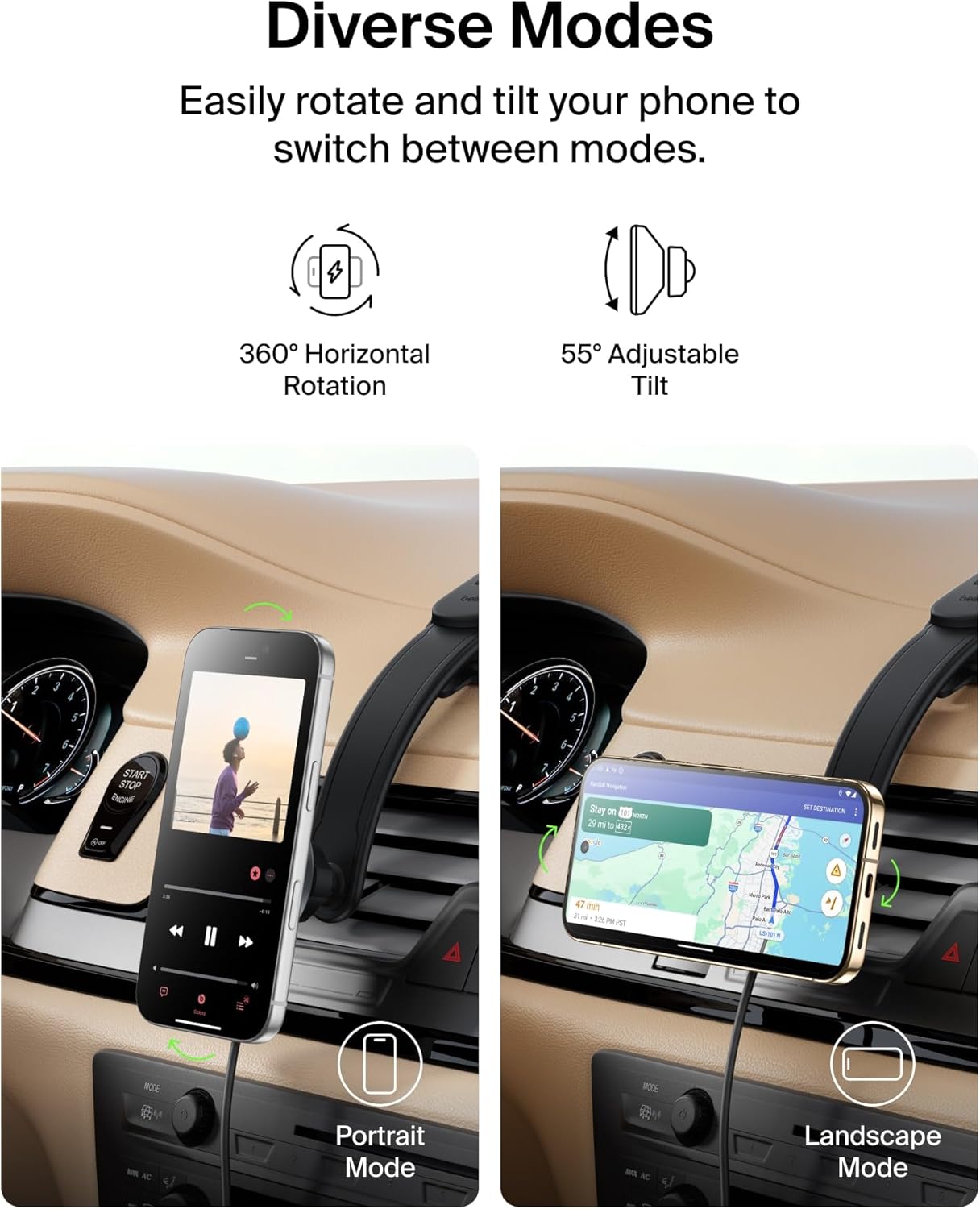 Belkin Wireless Car Charger, Magnetic Car Dash Mount w/ 1M USB C Cable, Qi2 MagSafe Compatible Fast Charging iPhone Charger for iPhone 17, Galaxy S25, Pixel 10, & More - Travel Accessories - Black