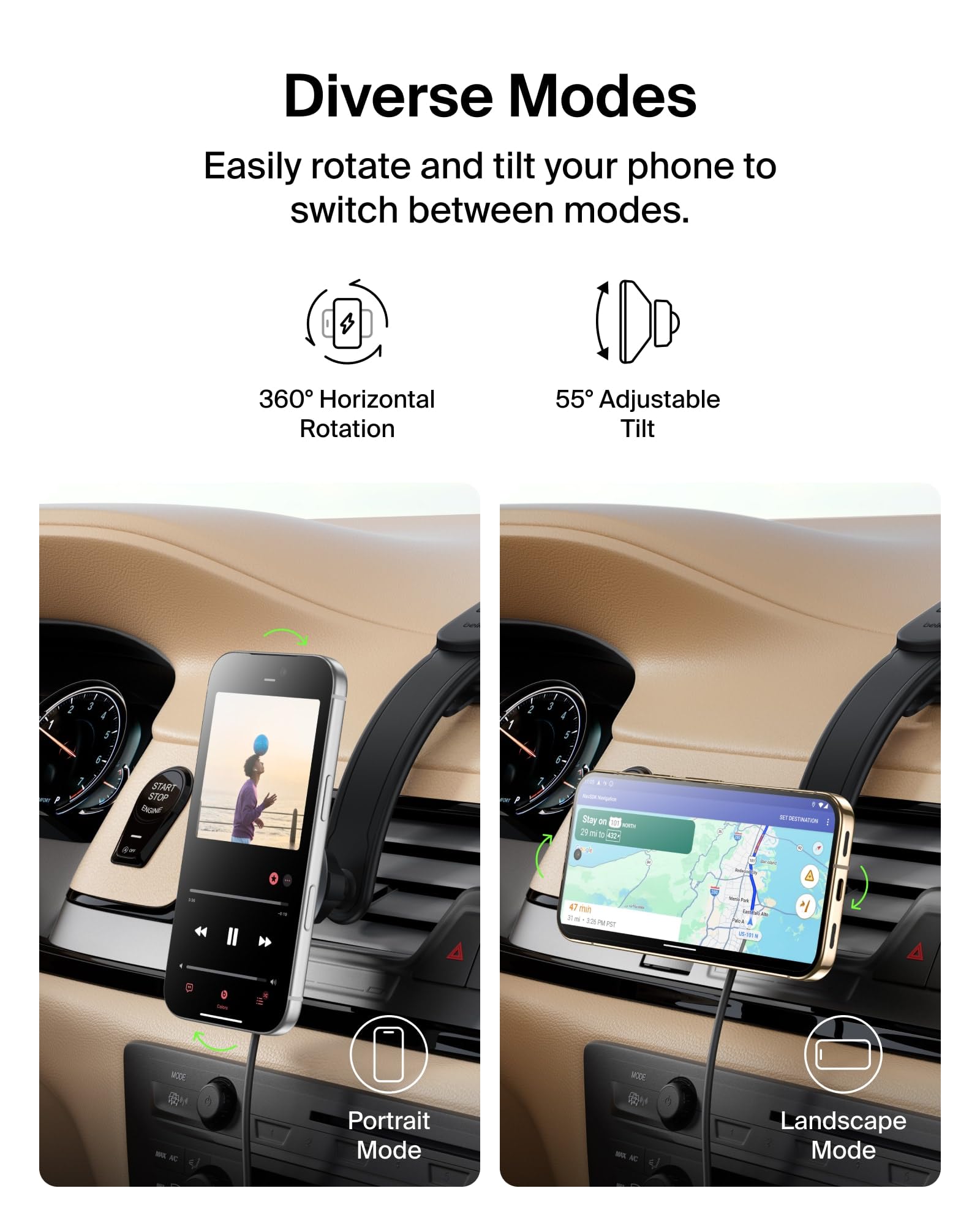 Belkin Caricatore da auto wireless, supporto magnetico per cruscotto con cavo USB C da 1 m, compatibile Qi2 MagSafe, caricabatterie per iPhone 17, Galaxy S25, Pixel 10 e altri, accessori da viaggio
