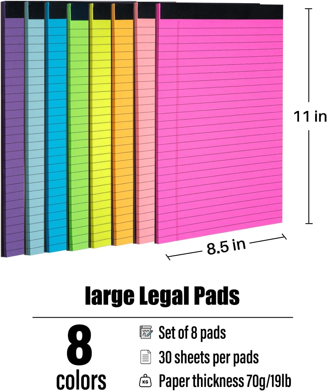 Colored Legal Pads 8.5 x 11 inches 8 Pack,70 GSM/19 LB Rainbow Wide Ruled Writing Pad High Brightness Neon Pads 8 Colors 30 Sheets Per Note pads for School,College,Office,Business-Large - Image 2