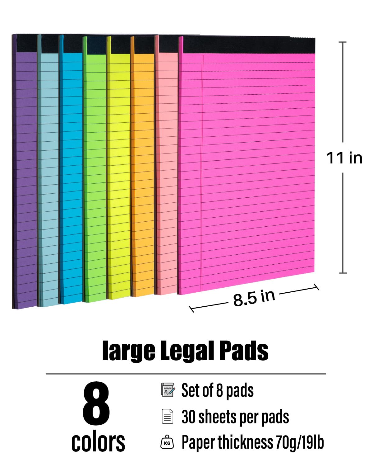 Magecubiku Colored Legal Pads 8.5 x 11 inches 8 Pack,70 GSM/19 LB Rainbow Wide Ruled Writing Pad High Brightness Neon Pads 8 Colors 30 Sheets Per Note pads for School,College,Office,Business-Large