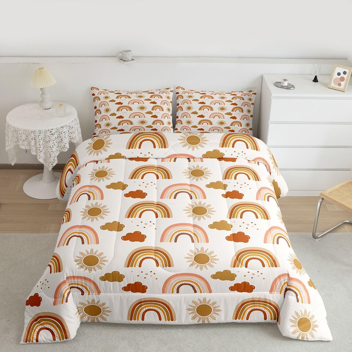 Erosebridal Cute Boho Rainbow Comforter Set for Boys Girls Bohemian Clouds Sun Bedding Full, Cartoon Rainbow Stripes Bedding Comforters Breathable Soft Quilt Duvet with 2 Pillowcases, Orange Beige