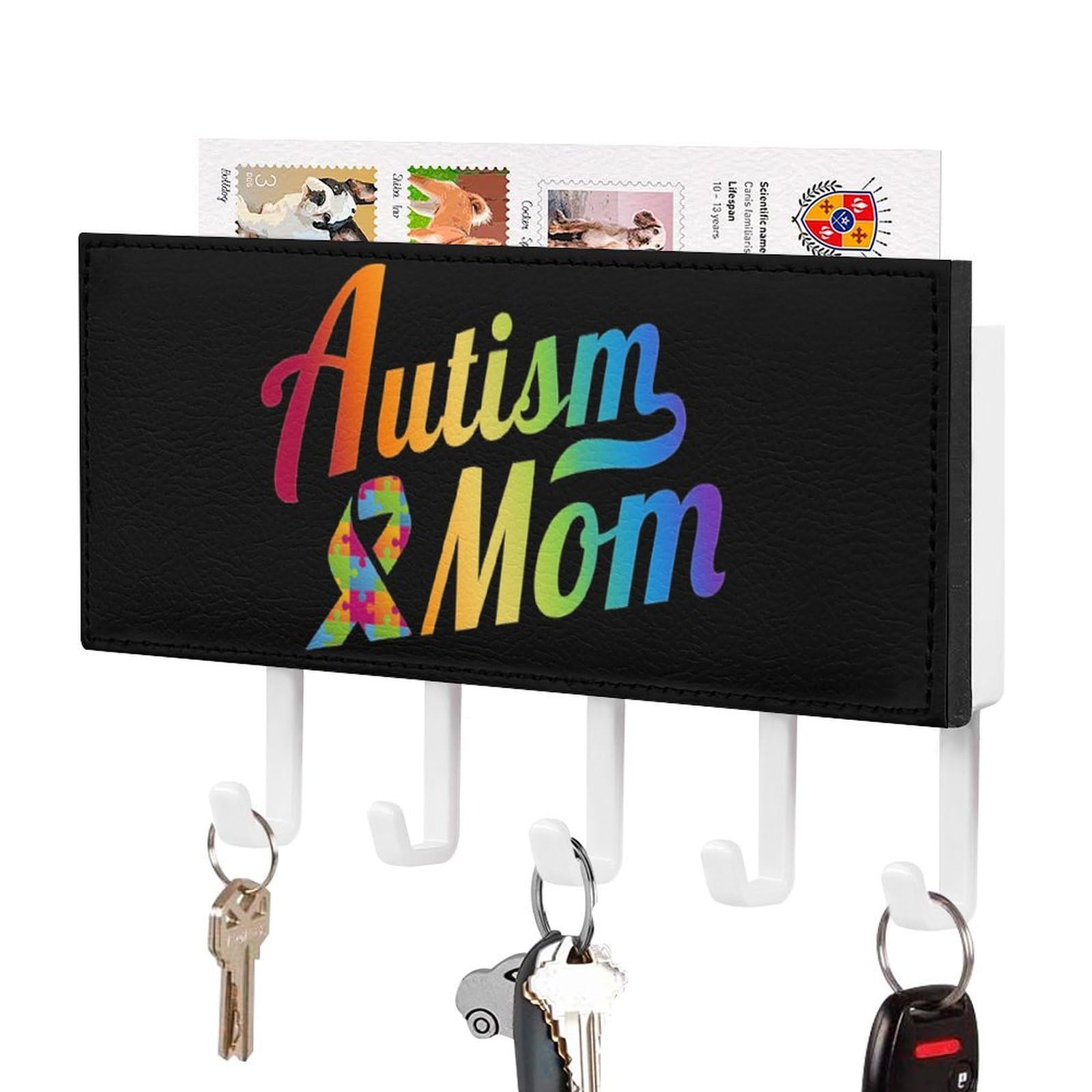 NCLQVJXZKHW Autism Ribbon Mom Key Holder with 5 Hooks Key Hooks Wall Mounted Key Racks Key Hanger Organiser Shelf