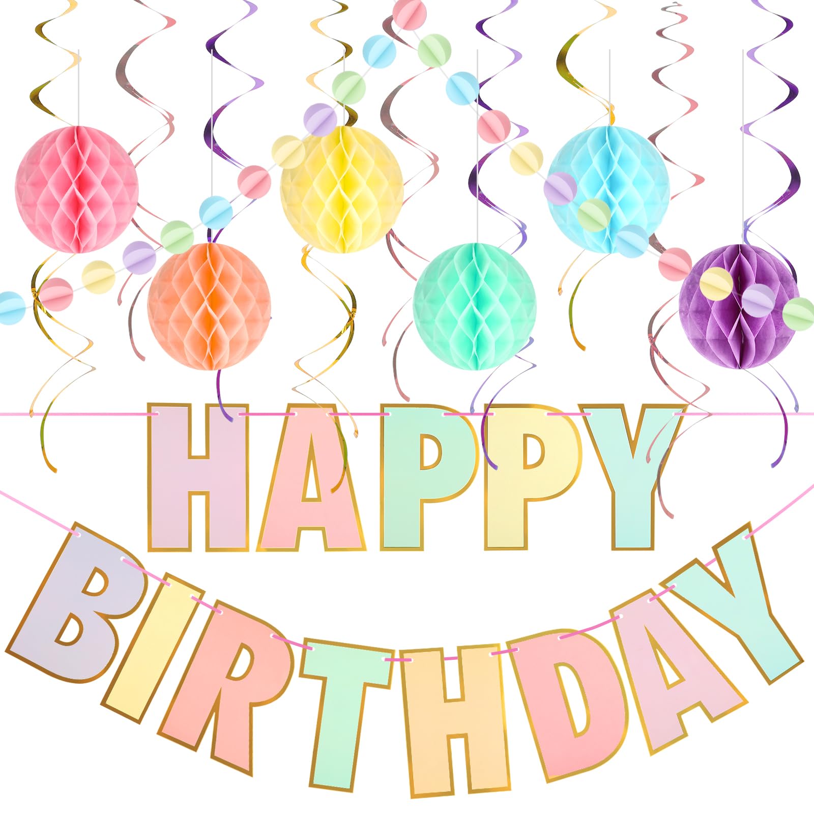 Pastel Birthday Decorations Kit, Happy Birthday Banner, Party Decorations Colorful Flag Bunting Circle Confetti Garland Swirl Streamers Honeycomb Ball-NO DIY