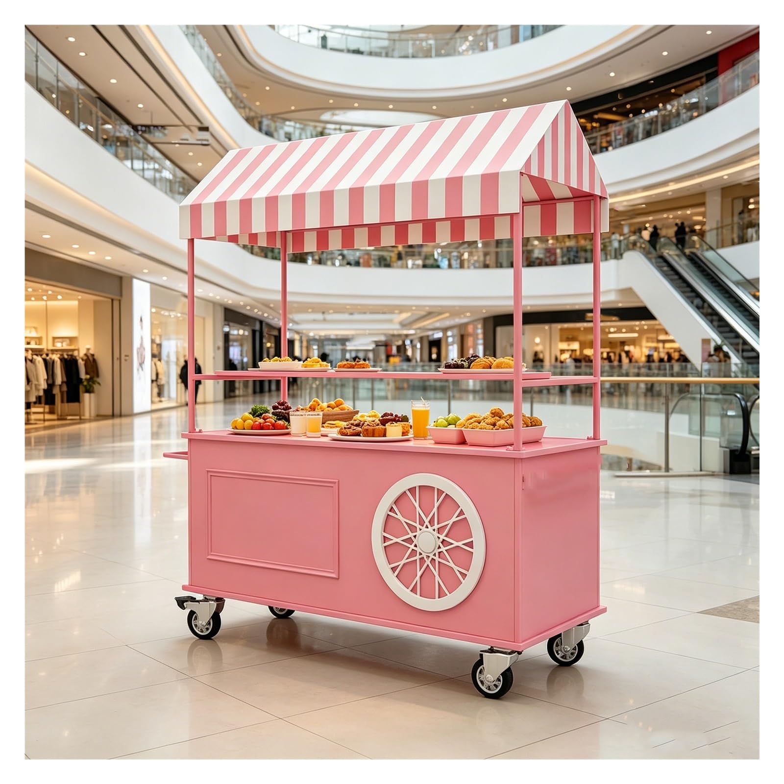 Market Stall with Striped Awning, Metal Frame, Outdoor Markets Cart, Double-tier Display Counter and Storage Cabinet, Lockable Casters, and Handrails