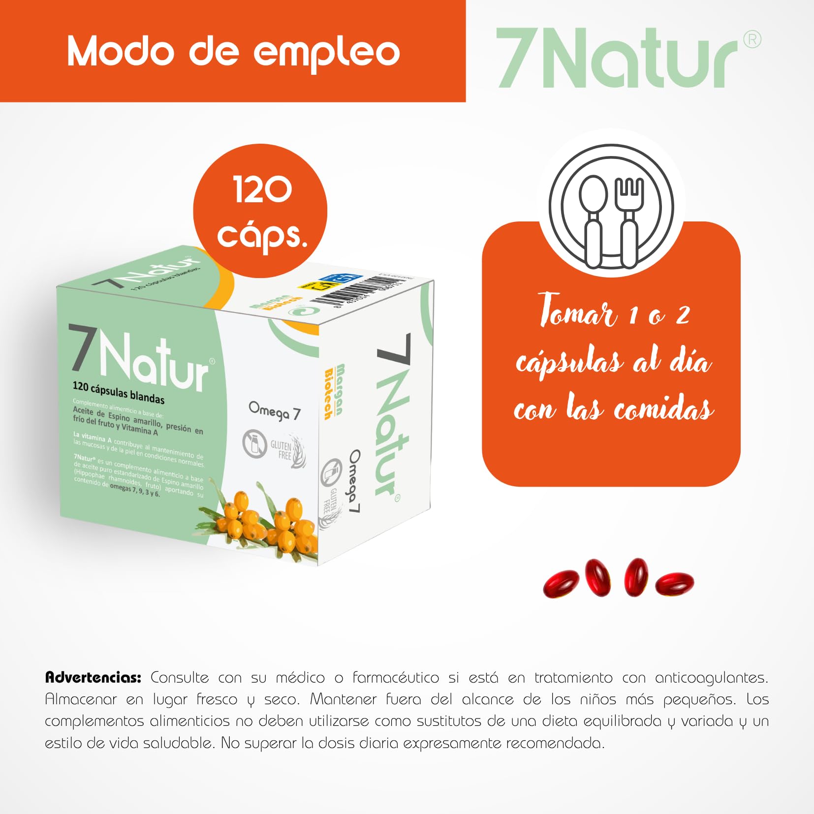 7Natur® de Margan Bioetch, 120 cápsulas | Omega 7 + Omega 6 + Omega 9 + Vitamina A | Aceite de Espino Amarillo (Hippophae Rhamnoides L., Fruto) | Alta Concentración de Omega 7