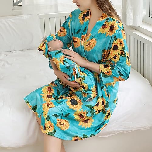 Miniatura 2 de AWIBMK Mommy and Me Robe and Swaddle Set Floral Maternity and Baby Matching Delivery Blanket Headband for Mom Girl Boy 4pcs