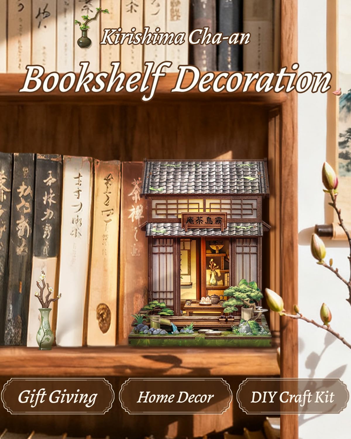 CUTEBEE Book Nook - Kit Casa delle Bambole per Adulti, Casa da Tè Giapponese, Mini Casa Fai da Te, Puzzle 3D in Legno, Regalo Decorativo per Libreria