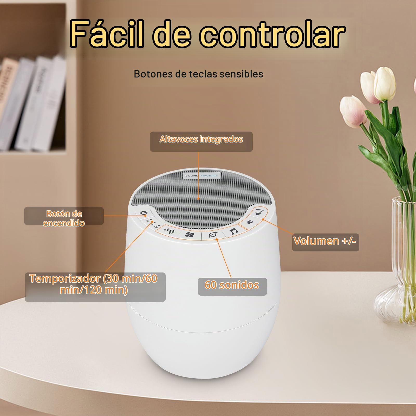 BIGMONAT Máquina De Ruido Blanco con Control Remoto,60 Fuentes de Sonido Calmantes Naturales y de Corriente Alterna (Incluidas),Adecuadas Para Adultos y Bebés Pequeños - Blanco