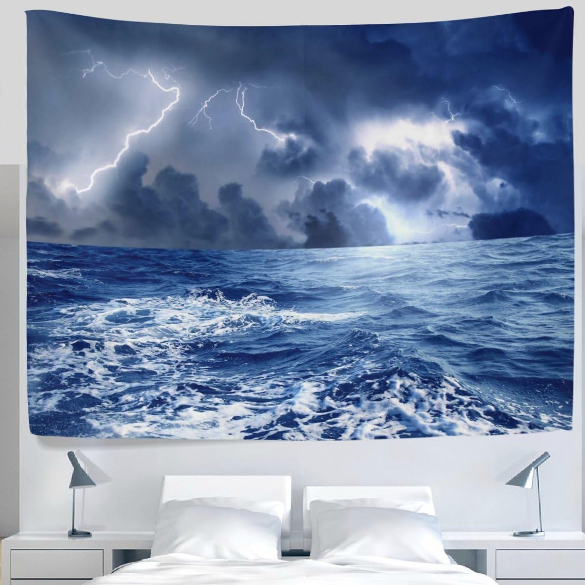 Landscape Nature Blue Ocean Sea Wave Lightning Tapestry Wall Hanging Decor Light-weight Polyester Fabric Cottage Dorm Wall Art Home Decoration 80x60 Inches