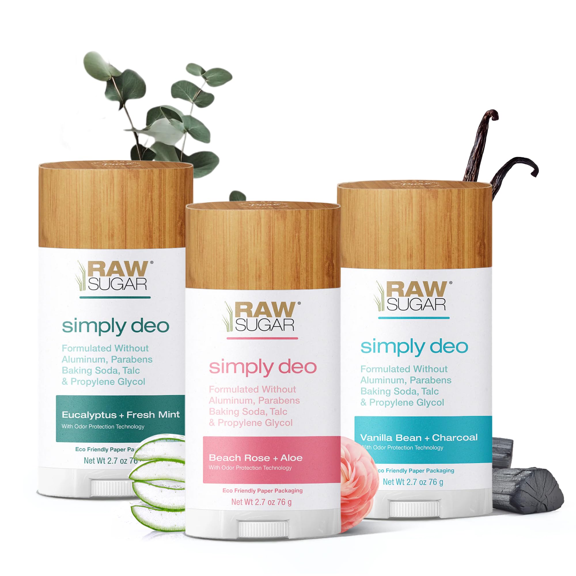 RAW SUGAR Simply Deodorante per tutto il corpo, senza alluminio, per uomo e donna, formula pulita, senza bicarbonato di sodio, talco e parabeni, confezione da 3