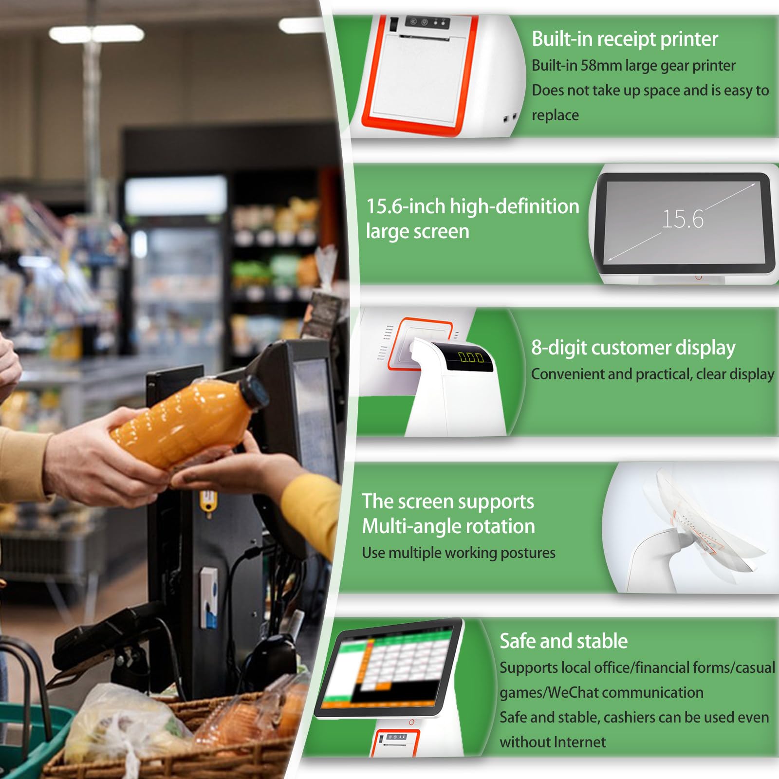 Caja registradora táctil multifunción, Sistema POS, gestión de Efectivo para comercios minoristas (Negro)