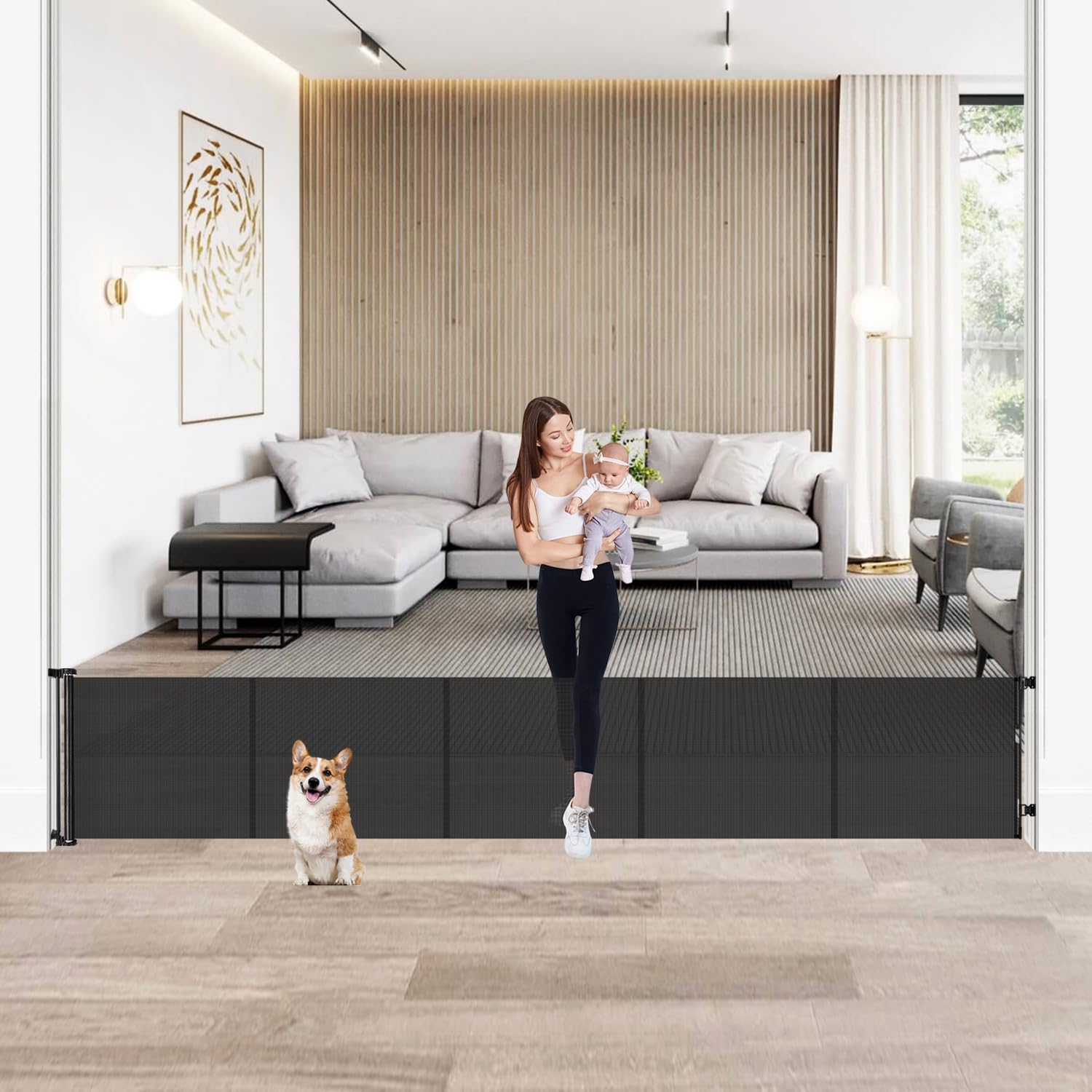 24" Tall X 120" Extra Wide Retractable Baby Gates, Short Dog Gates to Step Over, Reinforced Long Mesh Pet Gate with Support Rods, Small Puppy Gates