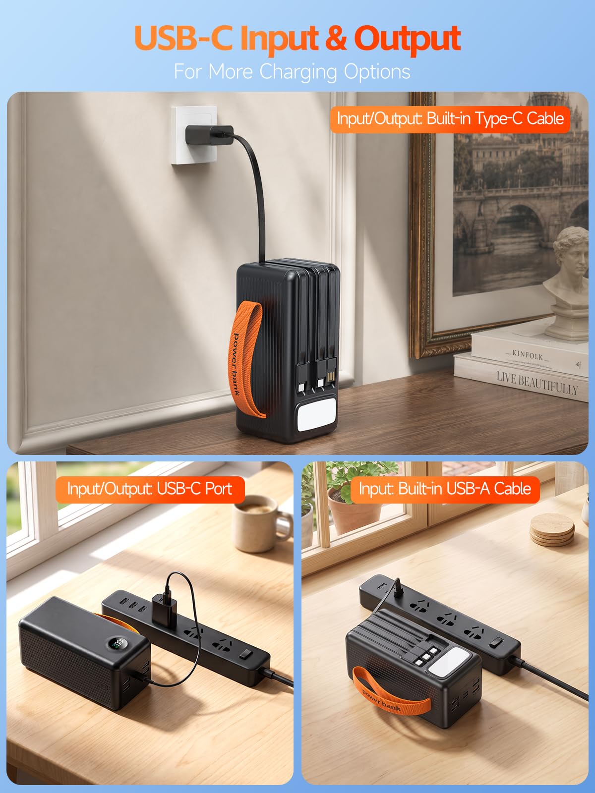 Batterie Externe 70000mAh, Charge Rapide PD 30W Power Bank avec 4 Câbles Intégrés, 8 Sorties & 4 Entrées, Écran LED Numérique & Lampe de Camping, Chargeur Portable USB C pour Smartphones