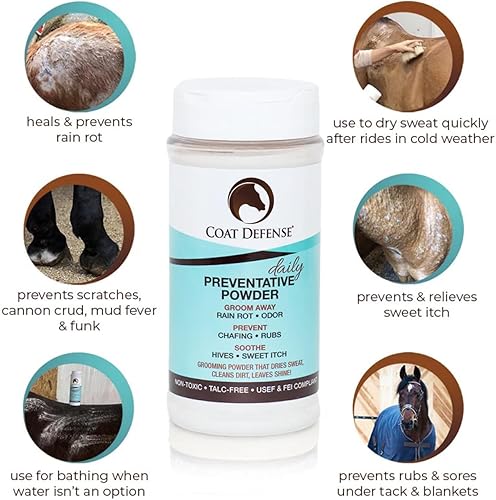 Miniatura 2 de COAT DEFENSE Polvo preventivo diario para caballos – Acondicionador de piel equina seguro y eficaz para picazón dulce, piel funk y pudrición por