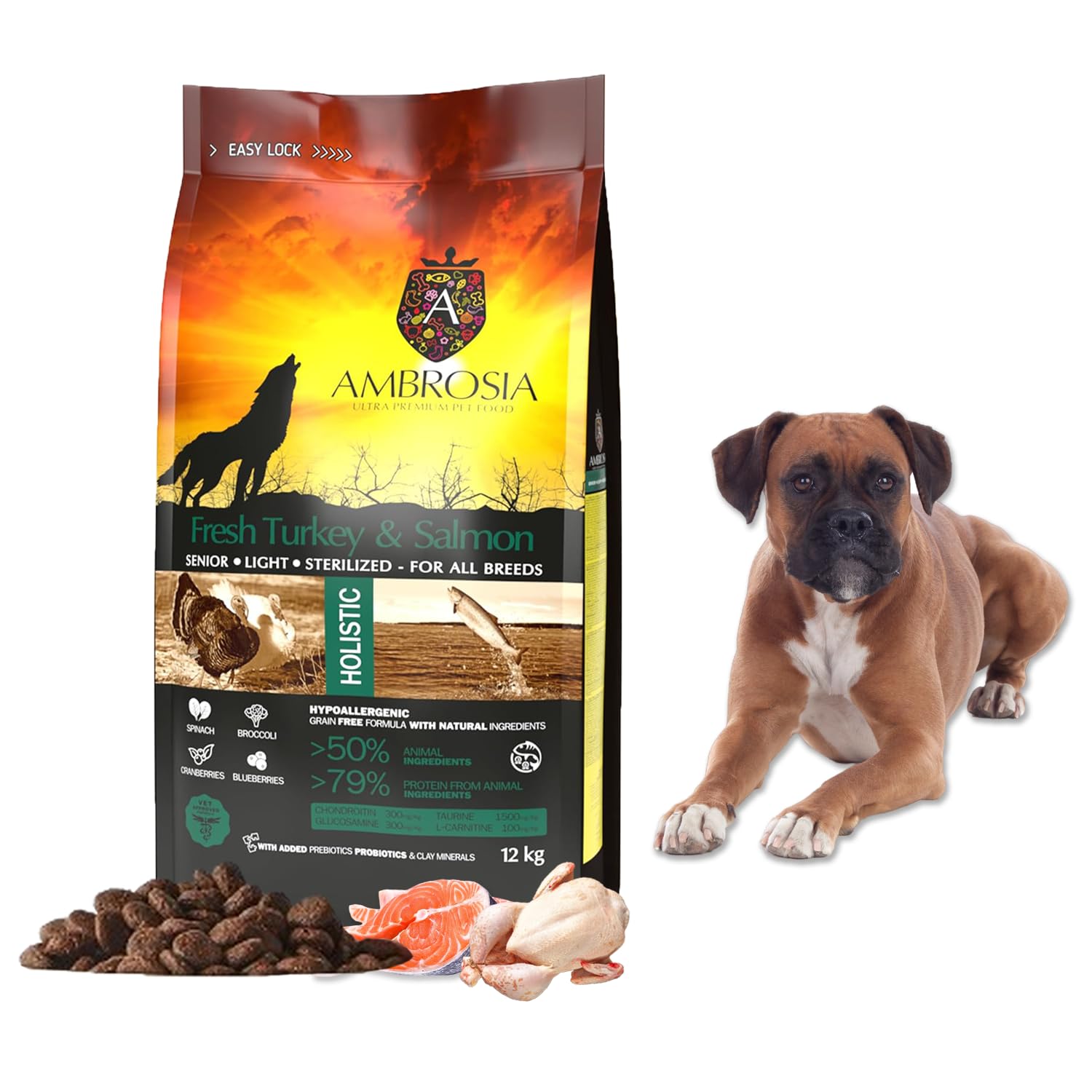 Ambrosia Ultra Premium Pet Food - Świeży indyk i łosoś – kontrola wagi – całościowo hipoalergiczna, nie zawiera zbóż, dla starszych i sterylizowana karma dla psów (12 kg)