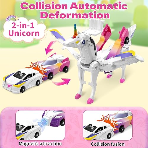 Miniatura 5 de Coches de Juguete Transformables de Colisión de Unicornio para Niñas y Niños, 2 Coches Magnéticos que se Transforman en Coches Robot Transformables