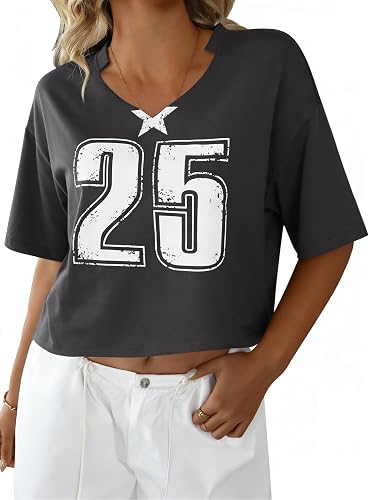 Hilinker Womens Cropped Graphic Tees V Neck Short Sleeve Cro