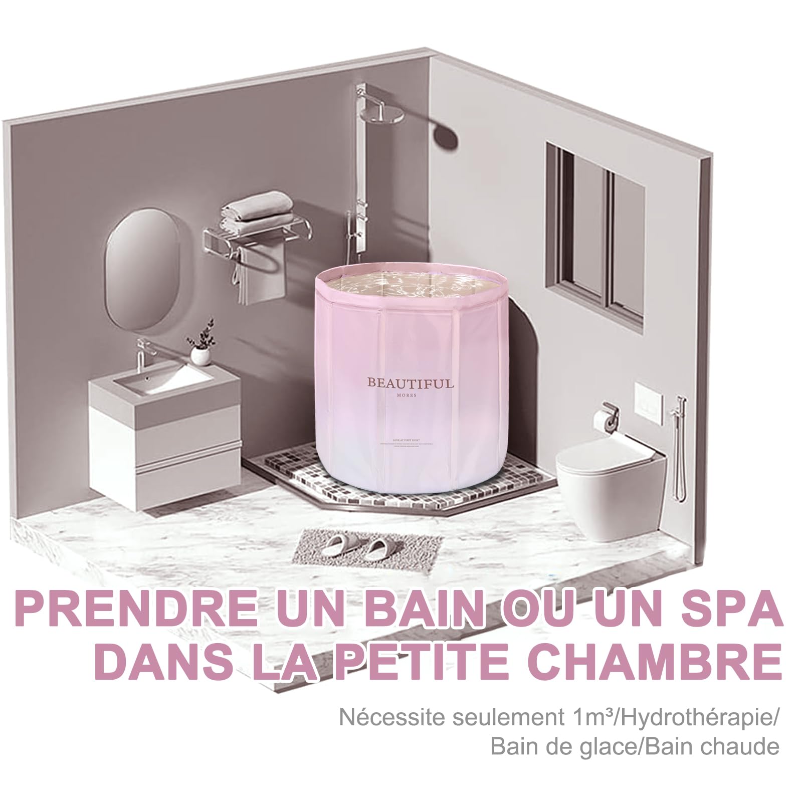 Baignoire Pliable pour Adulte Portable 65x65x70 cm pour Sauna, Douche et Bain Glacé, Pas besoin d'installation (Rose)