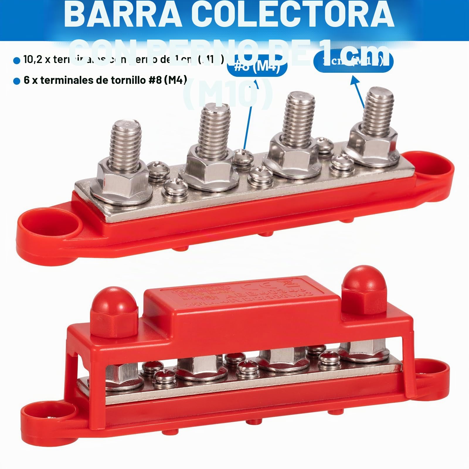 Spurtar Barra Colectora 250A 12V–48V con 4x M10 Pernos y 6x M4 Tornillos, Bloque de Distribución de Energía para Coche, Barco, RV 16,5 × 3,4 × 4,8 cm – No Apto Para Espacios Reducidos