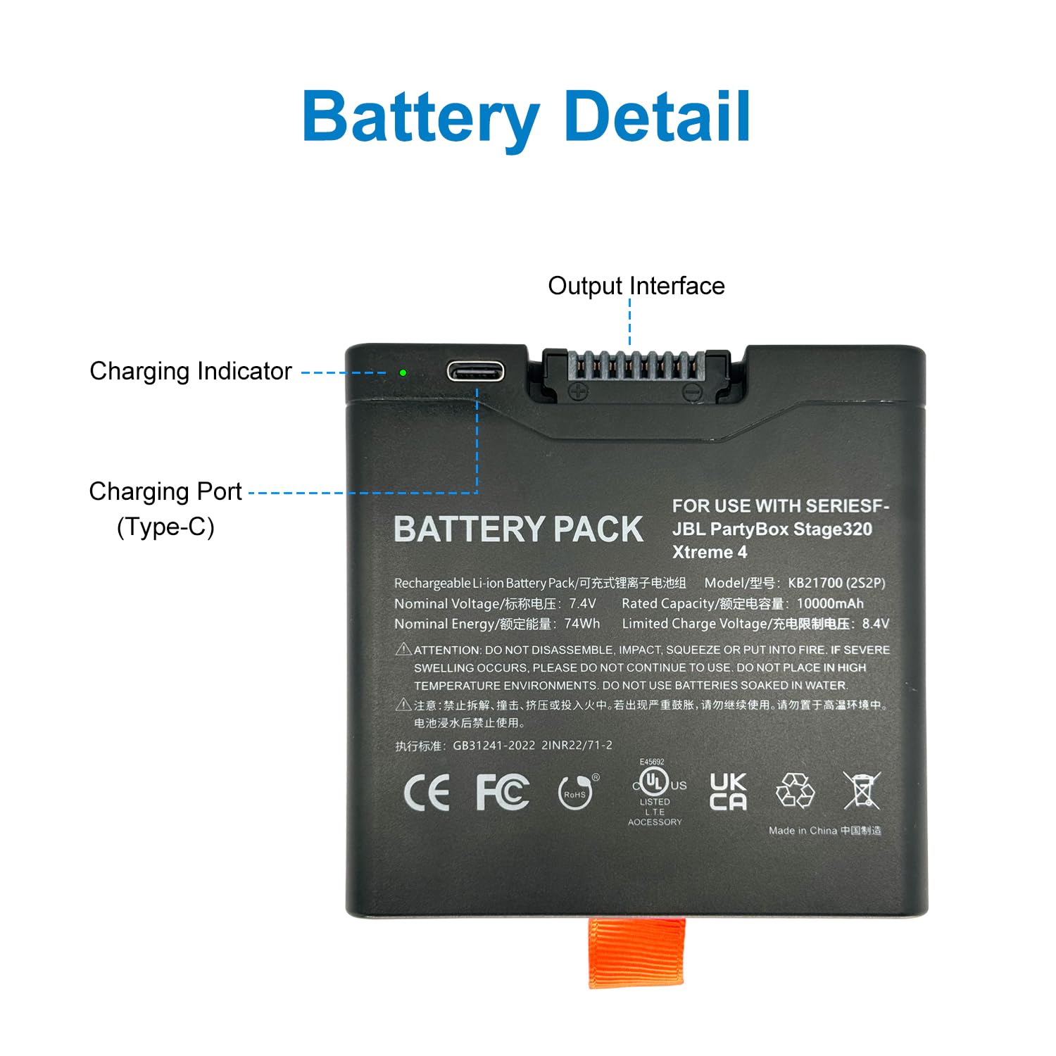 SLODA Ersatzakku für JBL PartyBox Stage320 Xtreme 4 tragbare Lautsprecher wiederaufladbar (7.4V 10000mAh)