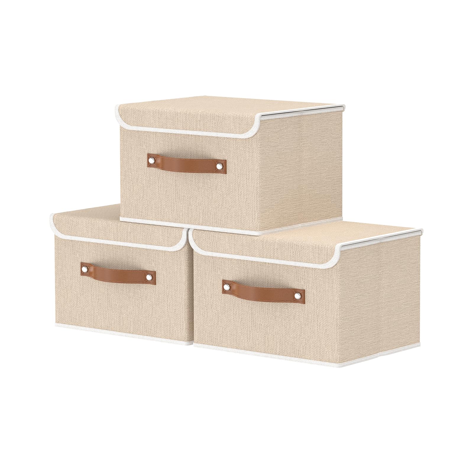 OUTBROS Storage Boxes with Lids 3 Pack, Collapsible Storage Bin with Handle, for Organizing Clothes, 26x20x17 cm, Beige
