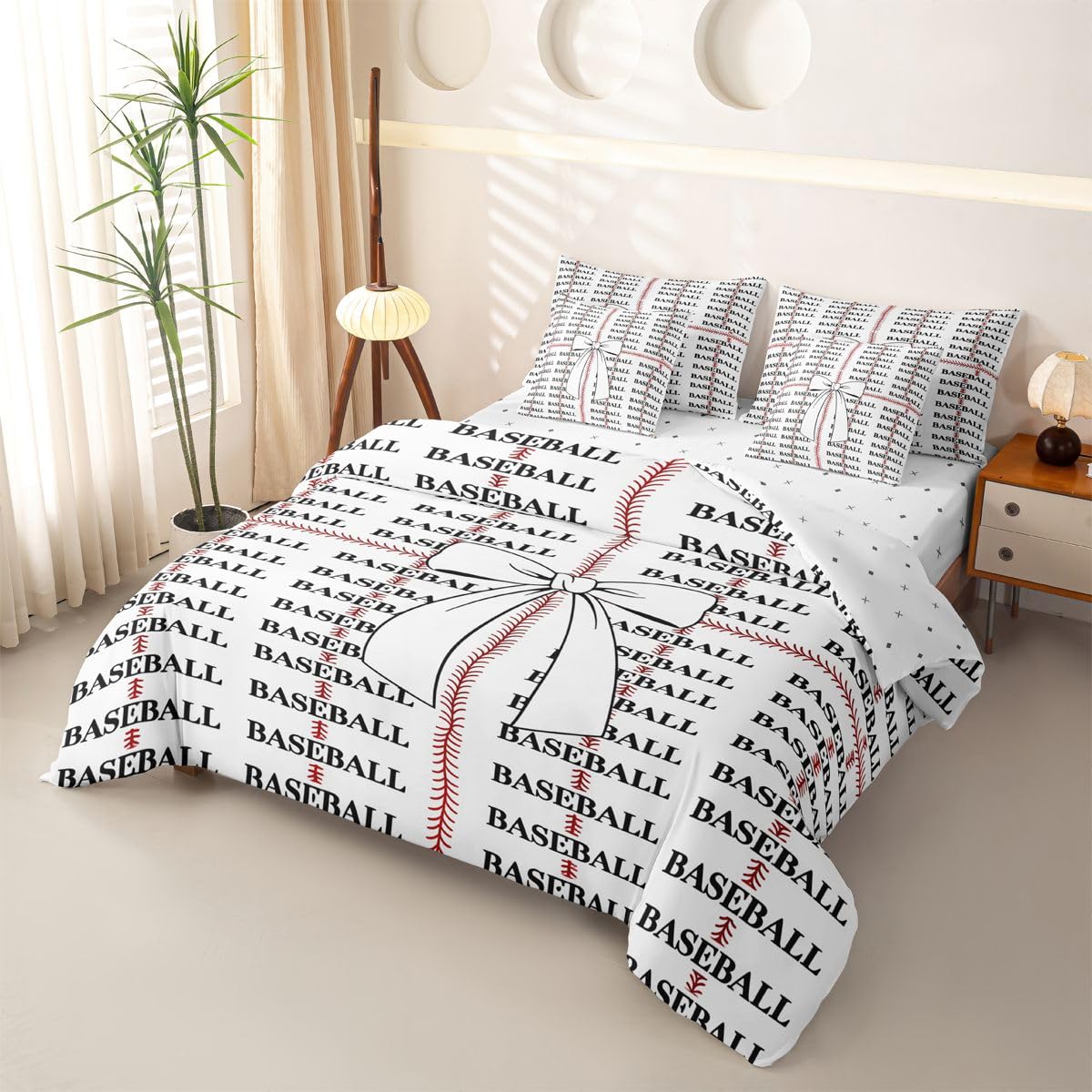 Loussiesd Juego de funda de edredón de béisbol tamaño Super King, 7 piezas, juego de ropa de cama con funda de edredón, sábanas, fundas de almohada, fundas de cojín para niños y niñas