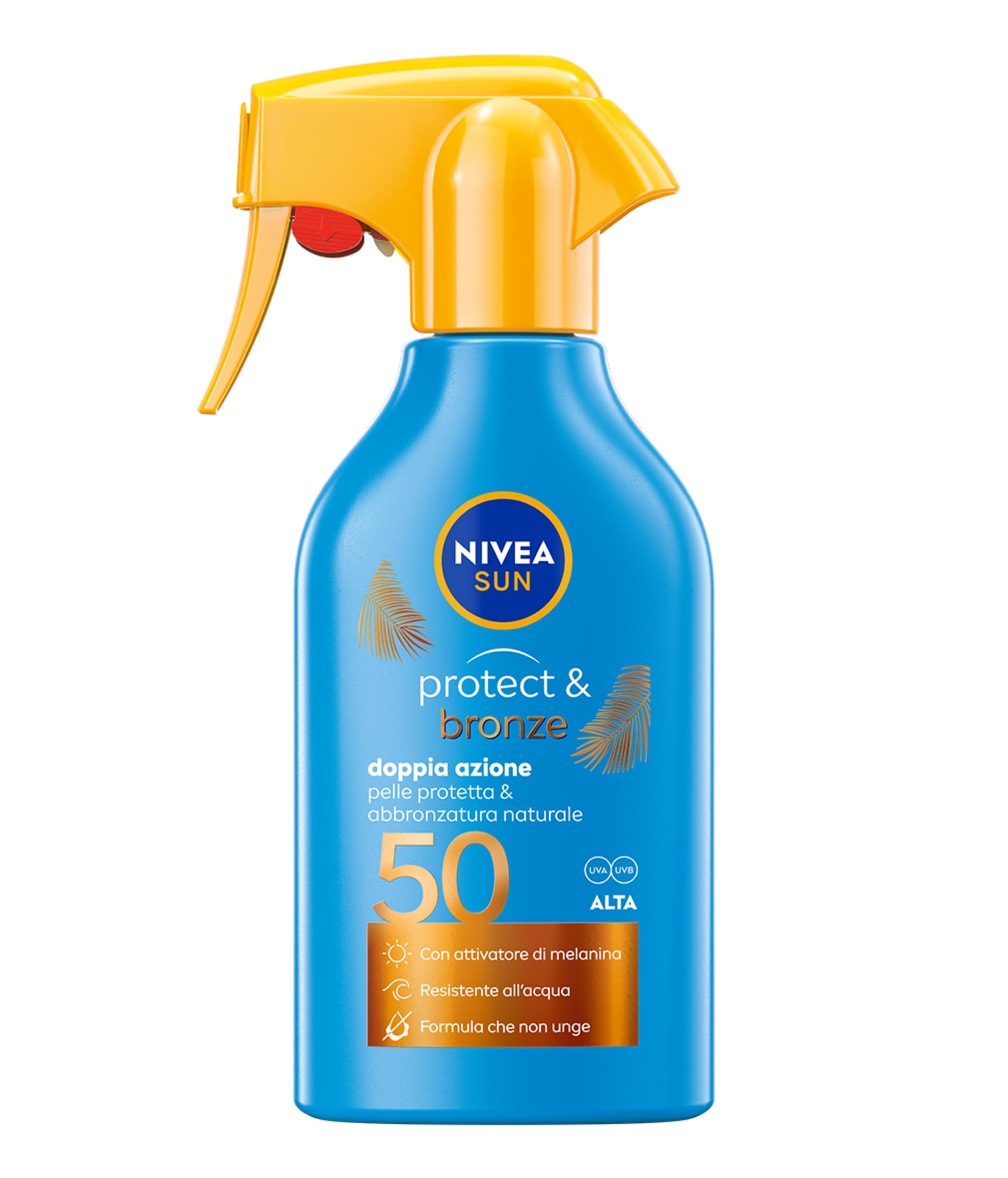 NIVEA SUN Spray Protect & Bronze SPF 50 250 ml, Crema solare 50 spray abbronzante corpo, Protezione solare 50 con attivatore di Melanina acceleratore abbronzatura, Resistente all'acqua, Non unge