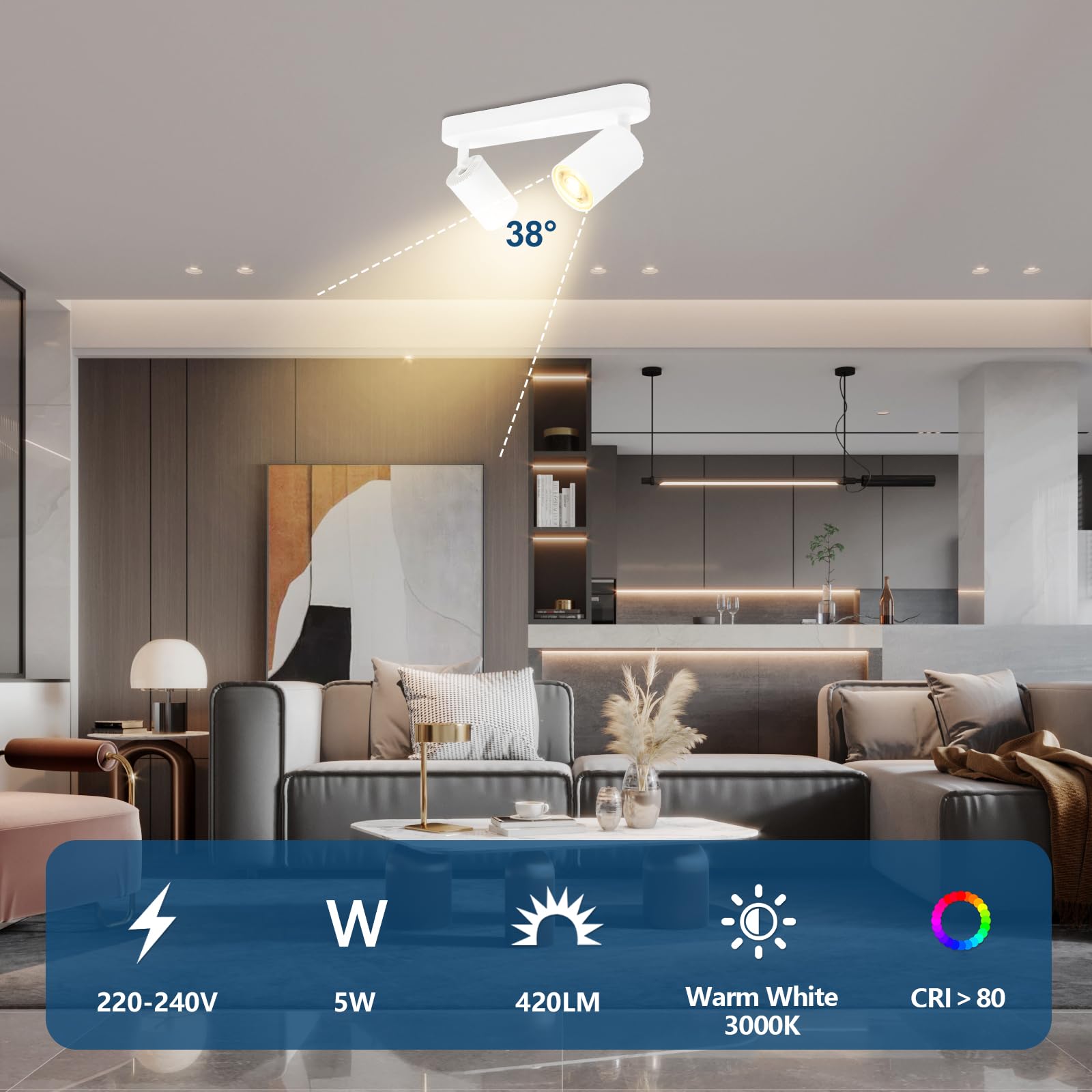 KYOTECH Lámpara de techo blanca con 2 focos Lámpara de techo LED de 5W orientable y giratoria incluida bombilla GU10 3000K 420LM Focos de techo para cocina, dormitorio, sala de estar