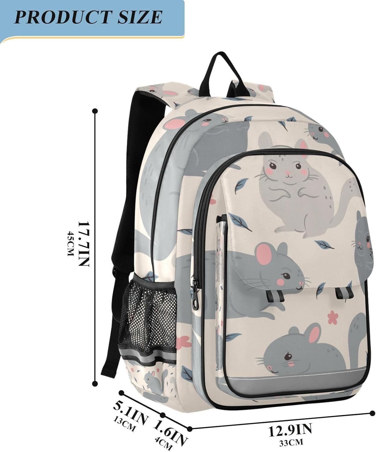 Cute Chinchillas Pattern Backpack Girls Boys Elementary School Bags Bookbags Laptop Backpack Travel Daypack Safe Reflective Stripes