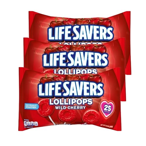 Lifesavers Lollipops Wild Cherry - Bolsa de 8.8 onzas (paquete de 3) caramelos para el día de San Valentín