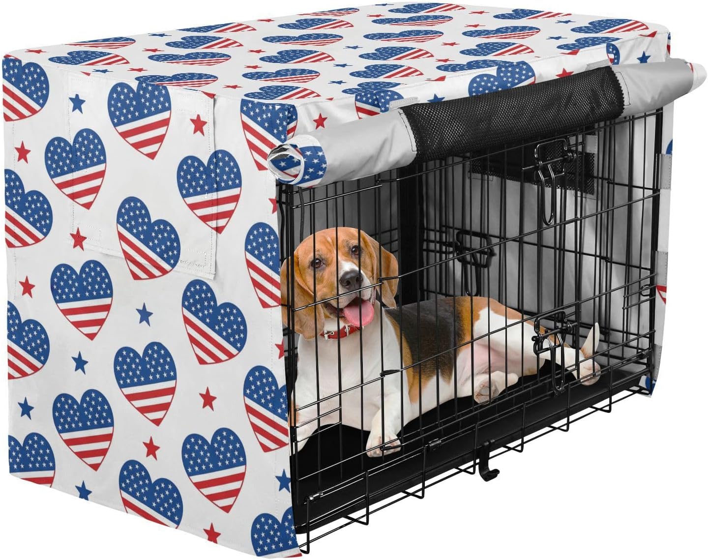 Duty 600D Silver Coated Dog Crate Cover, Water-Resistant Heart Print Pet Kennel Canopy with Mesh Windows for Optimal Ventilation, Universal Fit for Standard Wire Cage, Indoor & Travel