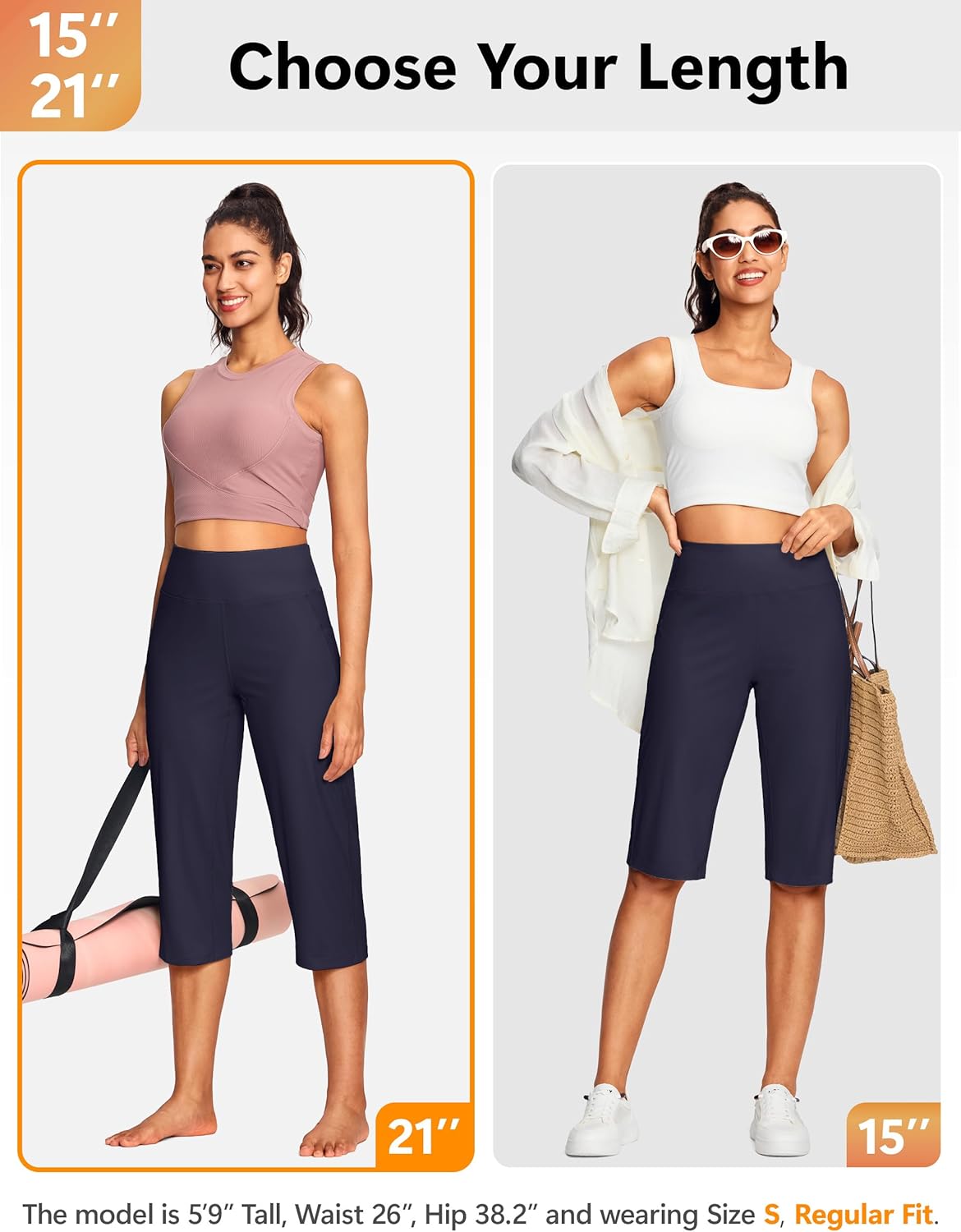 15"/ 18"/ 21" Capri Pants for Women High Waist with Pockets Women's Capris Workout Yoga Pants Loose Straight Leg - Image 7