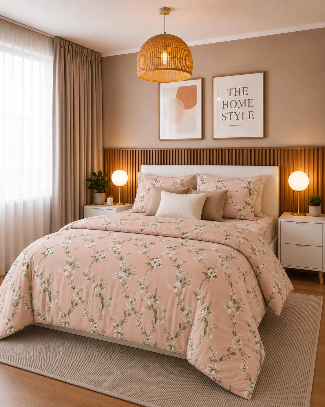 THE HOME STYLE Supersoft Glace Cotton Elastic Fitted All Around King Size Printed Double Bedsheet with 2 Pillow Cover & King Size Comforter/Duvet/Blanket (72"x78" + Comforter, Cherry Blossom)