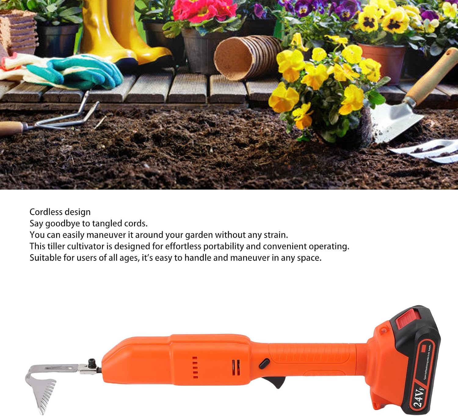 TOPINCN Cordless Tiller Cultivator Aluminum Alloy ABS Cordless Tiller Cultivator Garden Rototiller for Lawn Gardening Soil Cultivation (US Plug)