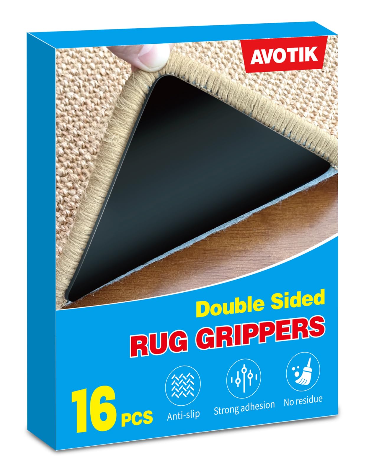 Rug Gripper for Hardwood Floors: 16 PCS Damage-Free Carpet Tape for Area Rugs - Secure, Strong Hold for Rugs on Wood Floors & Carpets (Note: Not suitable for rug on carpets.)