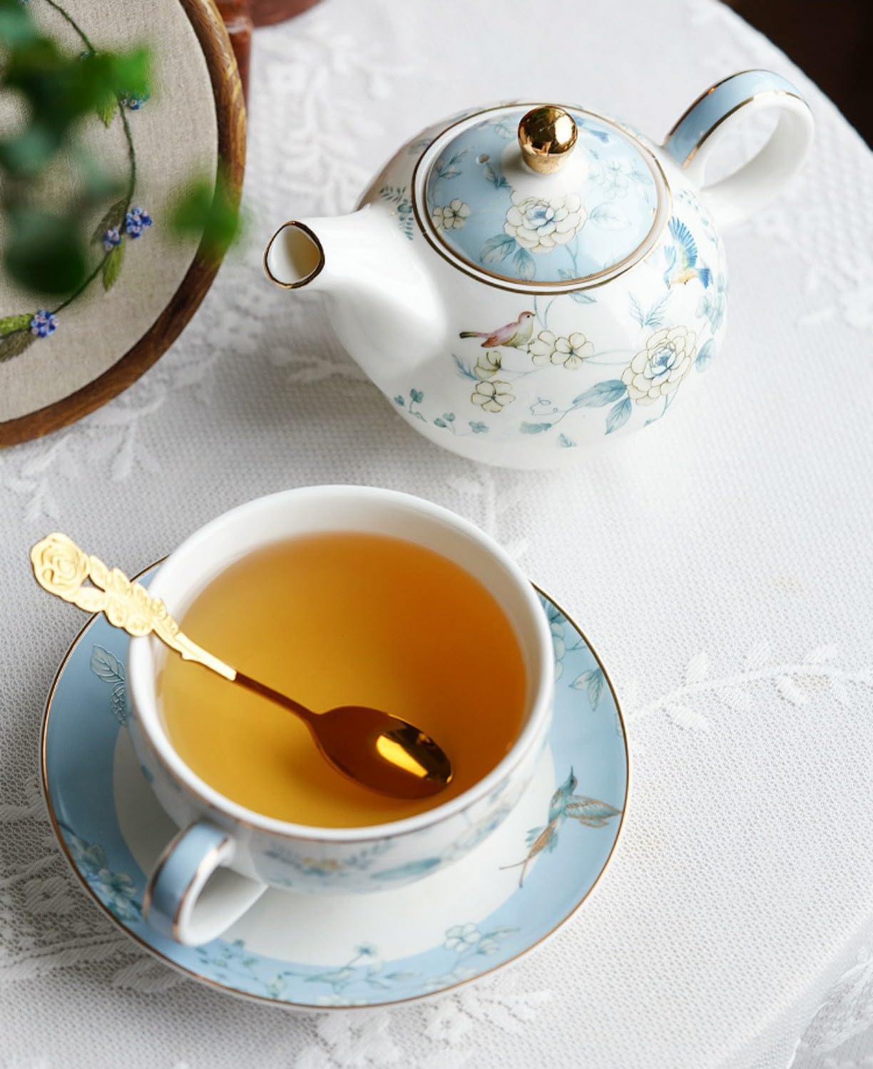 Service à thé pour une personne avec théière et tasse en porcelaine, 450 ml de théière et 300 ml de tasse à thé, cadeaux pour femmes, service à thé de l'après-midi, céramique, lavable au