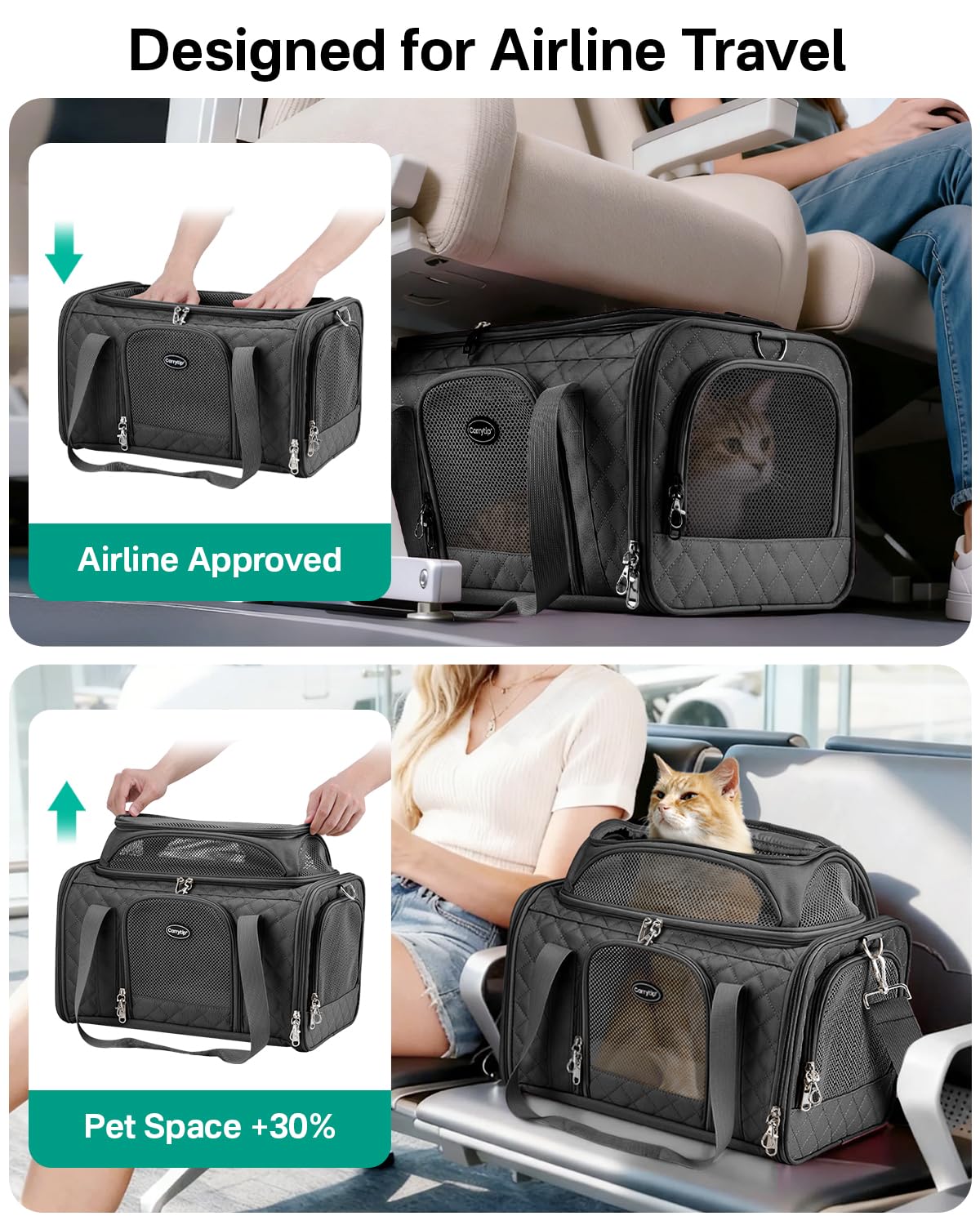 CarryTip Cat Carrier Airline Approved 17x11x9.5 Inches, Top Expandable Soft Sided Pet Travel Carrier for Cats & Small Dogs, Fits Under Airline Seat with Locking Zippers, Black - image 3