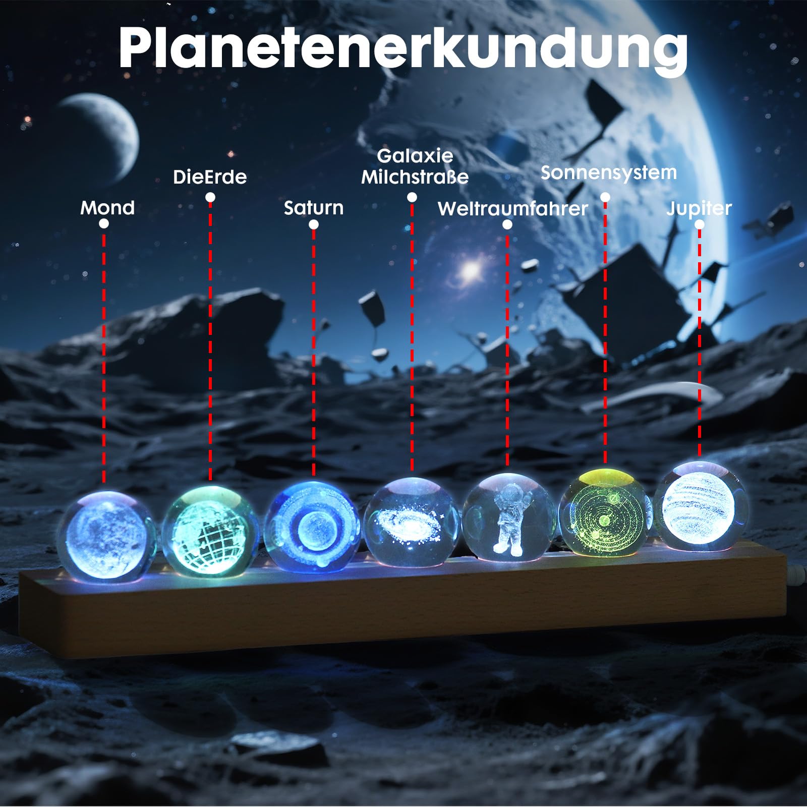 OXYEFEI Lámpara de planeta 3D, 7 patrones diferentes de bola de cristal, luz nocturna para decoración de habitaciones, bola de cristal de 40 mm con base de madera, regalo astronómico para madre, niños
