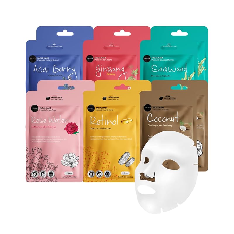 Celavi Cosmetics Máscaras Faciais de Tecido com Essência, 6 Fórmulas, Pacote com 12