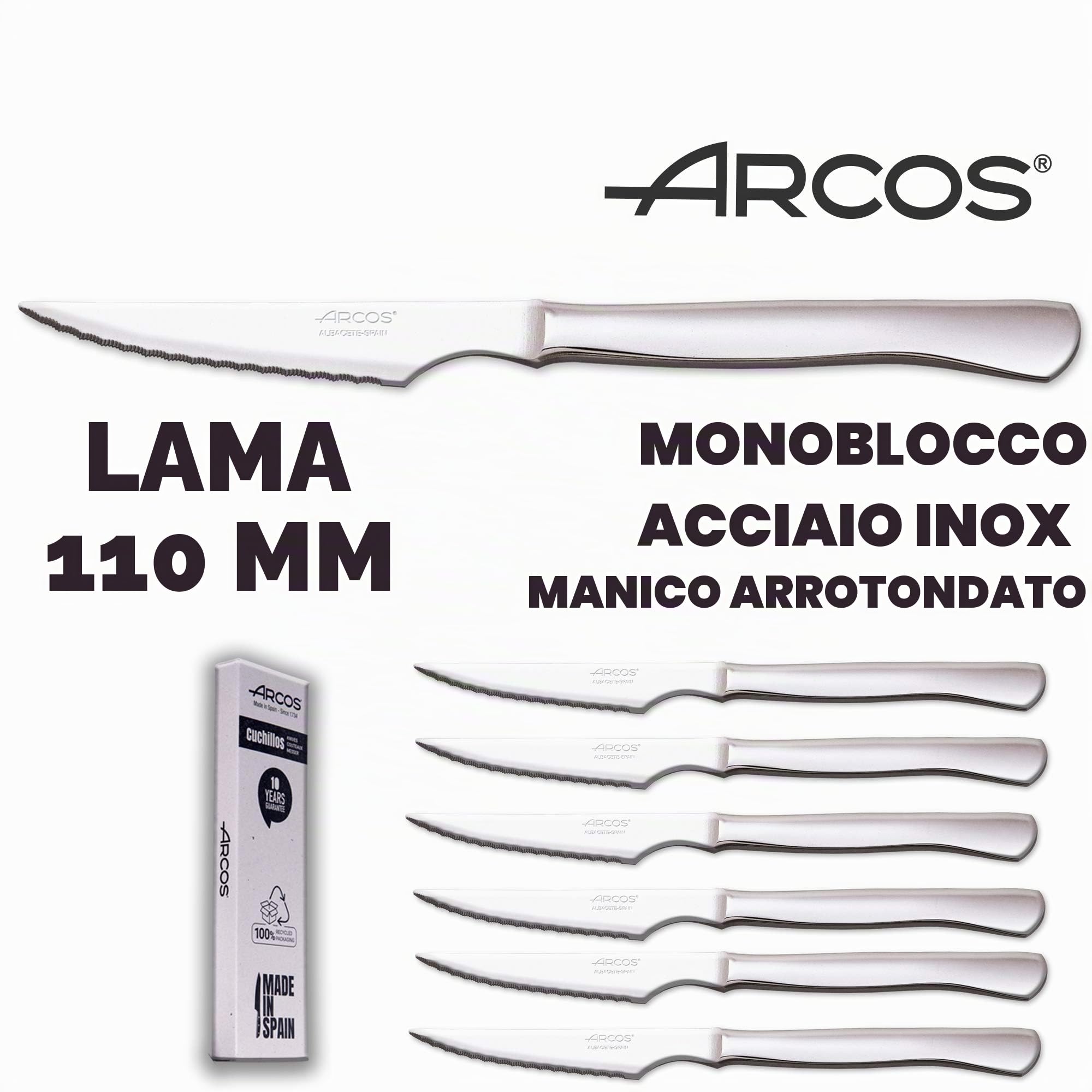 Arcos - Set di coltelli da bistecca, 6 pezzi, in acciaio inox, lama 110 mm, manico monoblocco, adatti per lavastoviglie, confezione ecologica