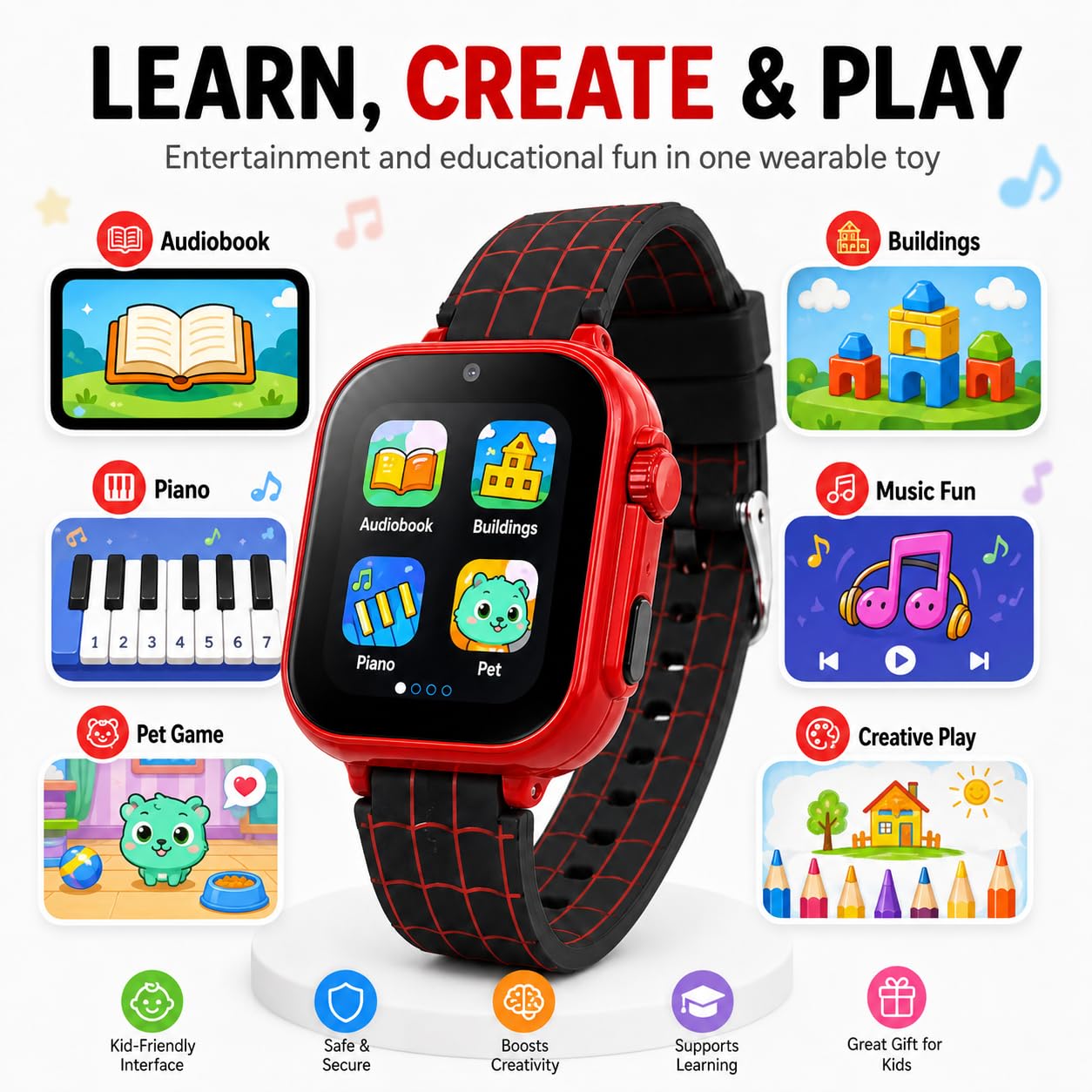 Orologio intelligente per bambini, motivo: ragnatela rossa, con fotocamera