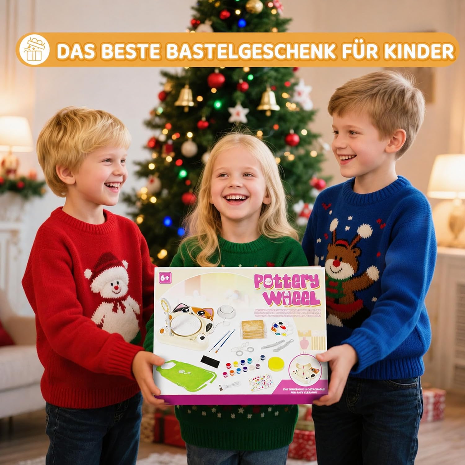 Töpferscheibe für Kinder – Komplettes Töpferstudio Set für Anfänger, Bastelset ab 8-12 Jahren mit 3x Lufttrocknender Ton, Mini Töpferrad Ostergeschenke Kinder für Jungen Mädchen (Katzenmuster)