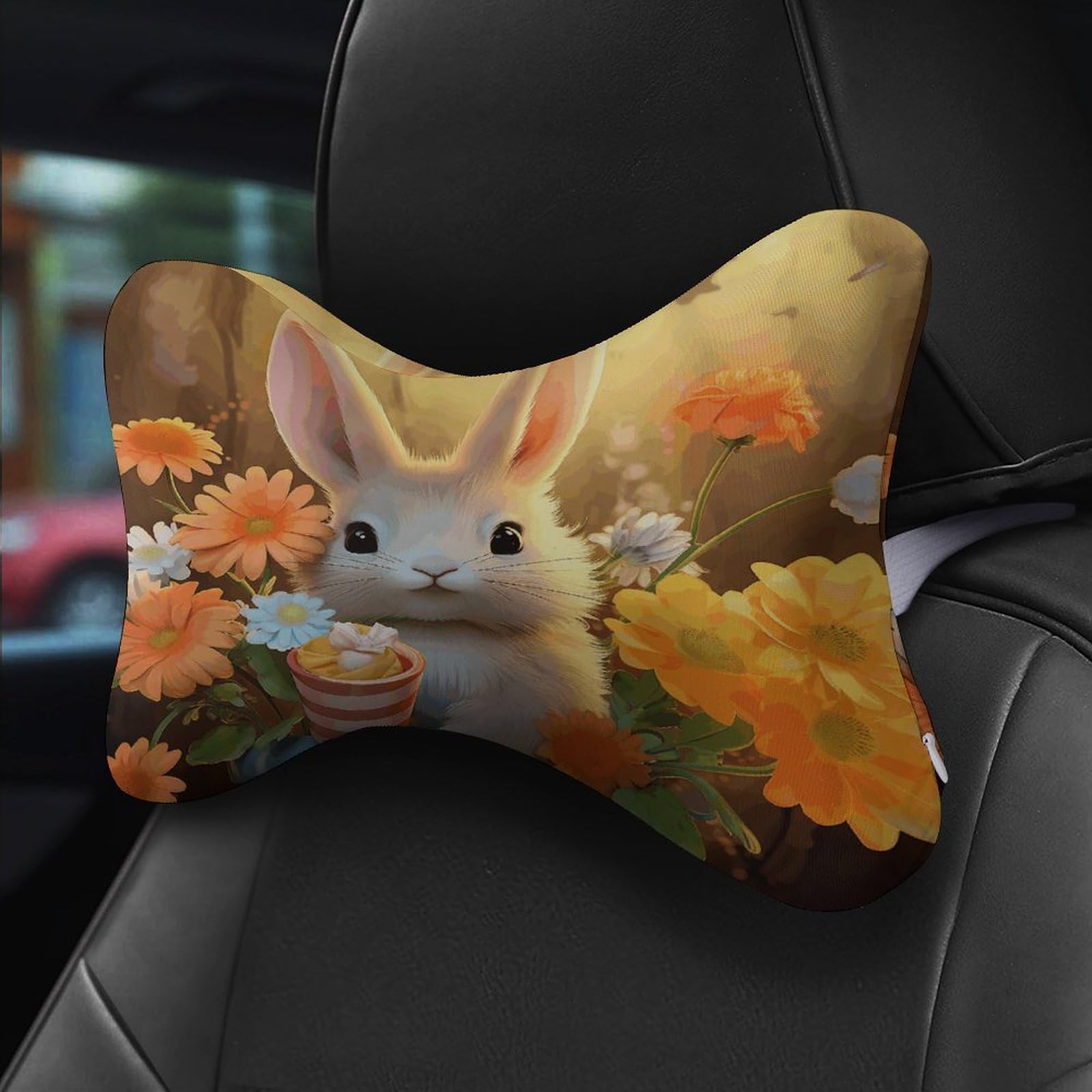 Lot de 2 coussins d'appui-tête de voiture en forme de lapin et oiseau avec housse amovible lavable pour voiture, bus, camion
