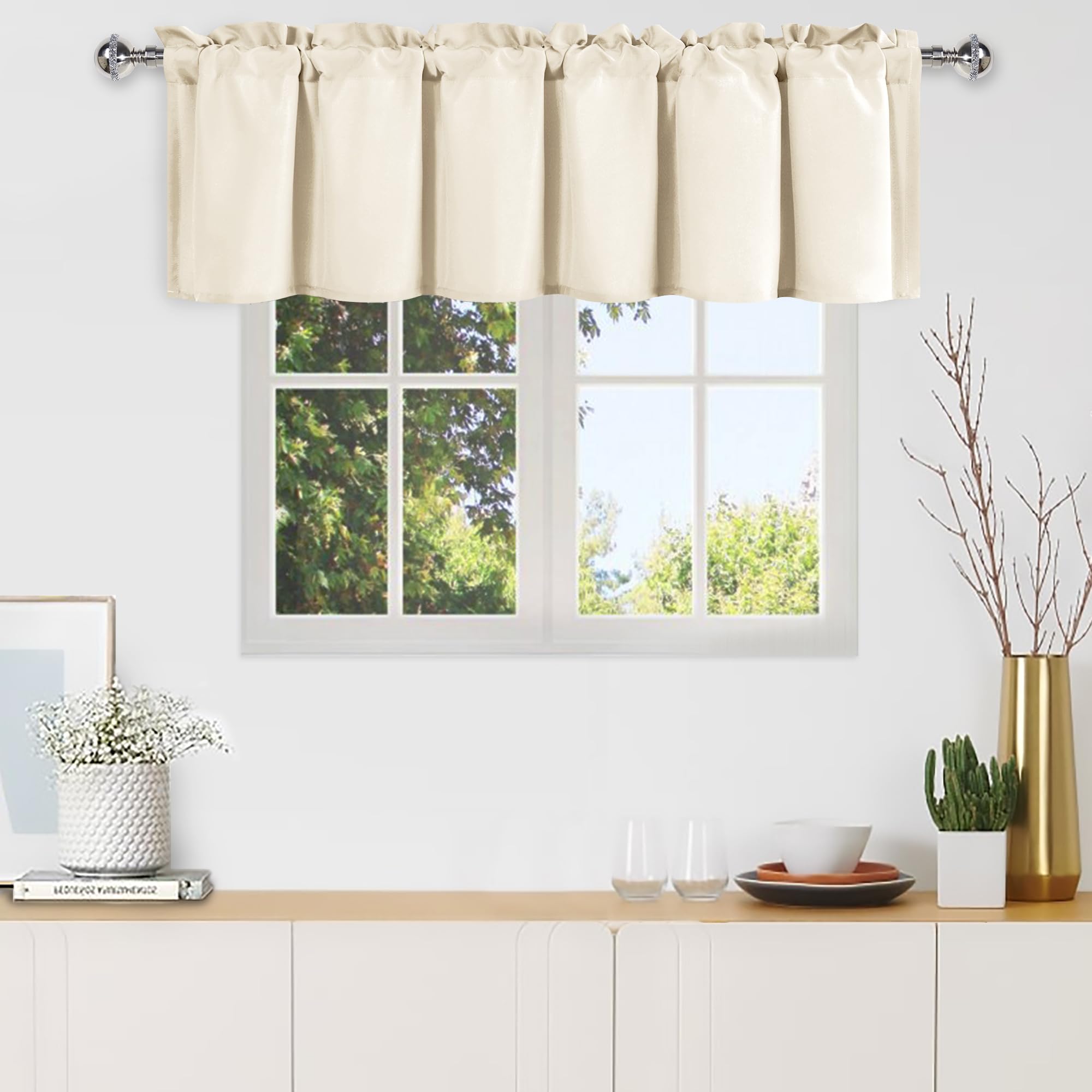 Rideau cantonnière beige DWCN 152x45 cm court à passe-tringle pour fenêtre de cuisine
